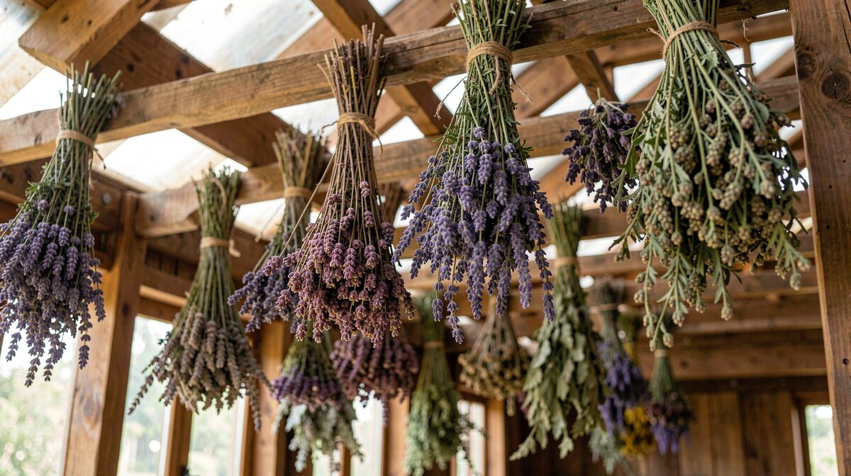 A wooden drying loft with bundles of lavender and other herbs hanging from beams in soft northern daylight, viewed from a low angle.