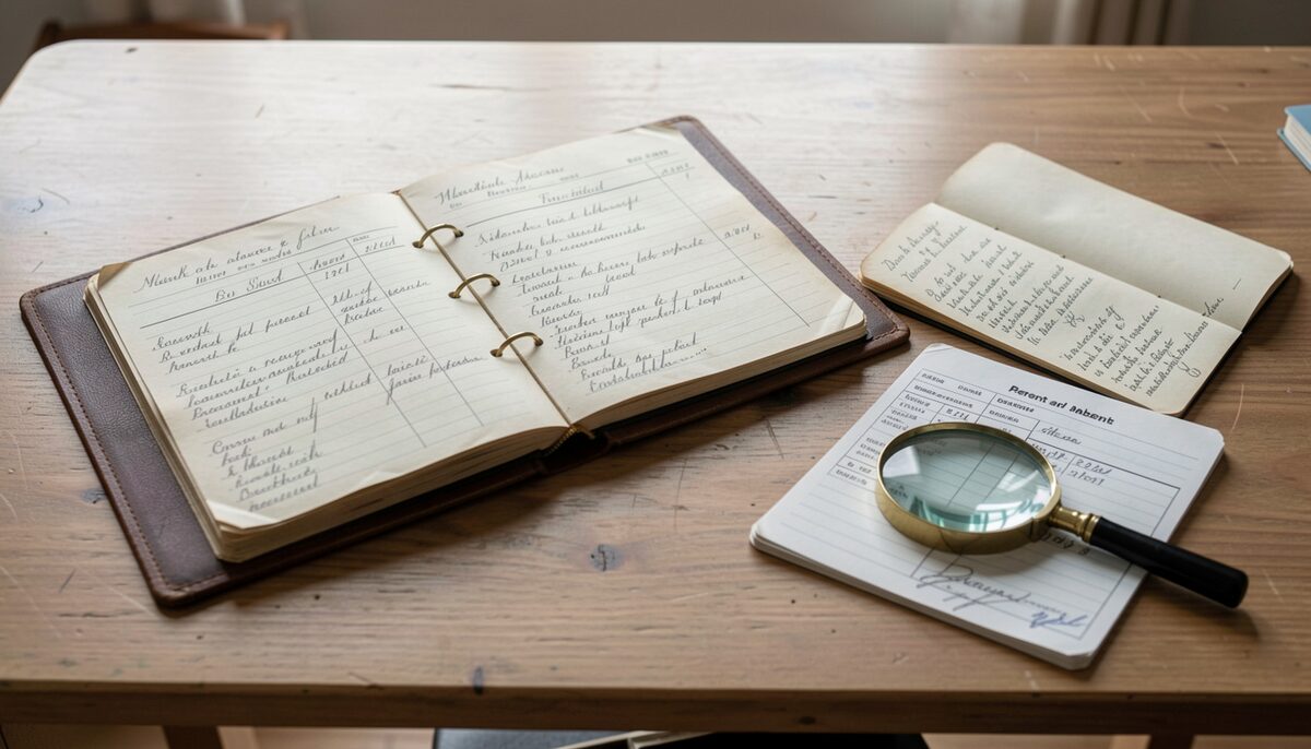 A wooden desk in daylight with an open archival folder of nineteenth-century handwritten muster rolls, a small notebook with dated pencil notes recording present and absent entries, and a magnifying glass resting on a photocopied service record card.