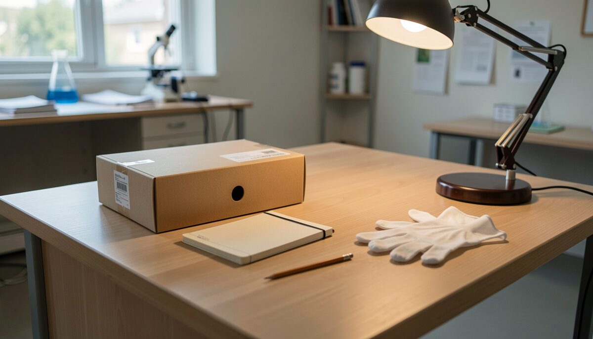 A wooden desk in a research room with a folded archival document box, a pencil, a small notebook, and a pair of white cotton gloves resting beside a reading lamp.
