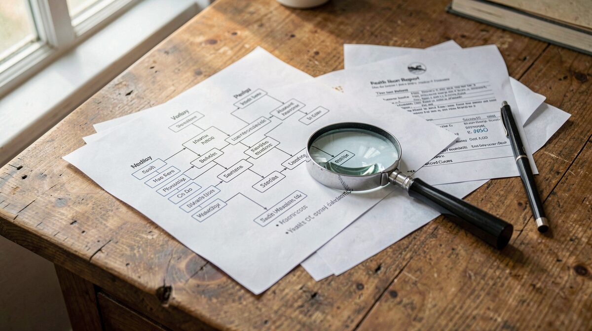 A wooden desk with a printed pedigree chart, a health score report and a magnifying glass, lit by soft morning window light, shot from above