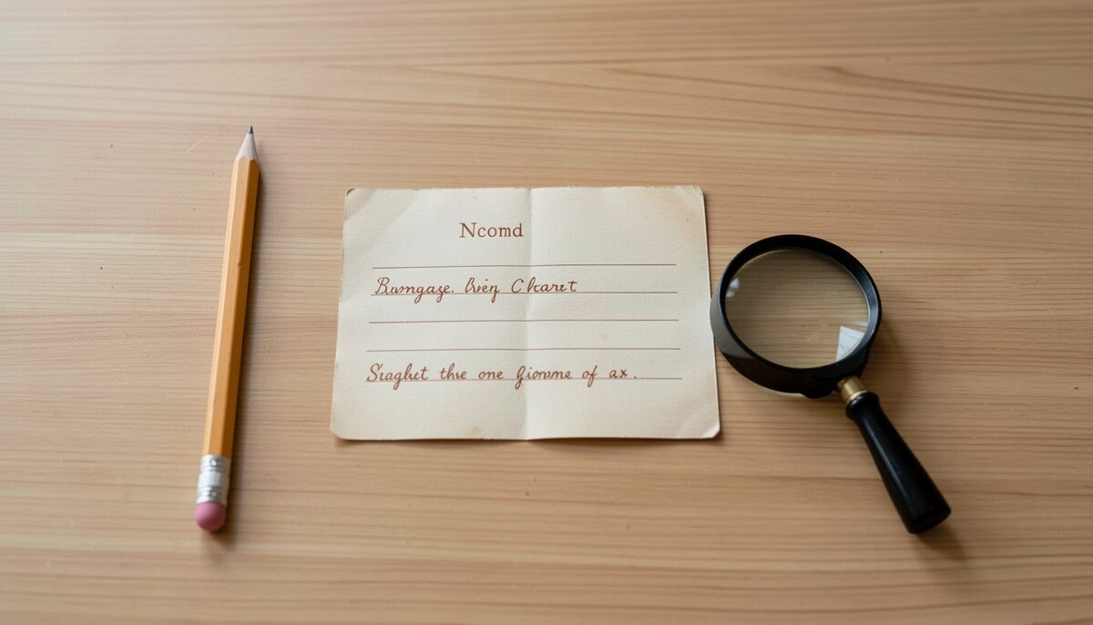 A close overhead photograph of a small aged handwritten index card lying flat on a plain wooden desk, its three horizontal zones faintly visible in brown ink, a pencil and a magnifying loupe resting beside it, soft natural window light from the left.