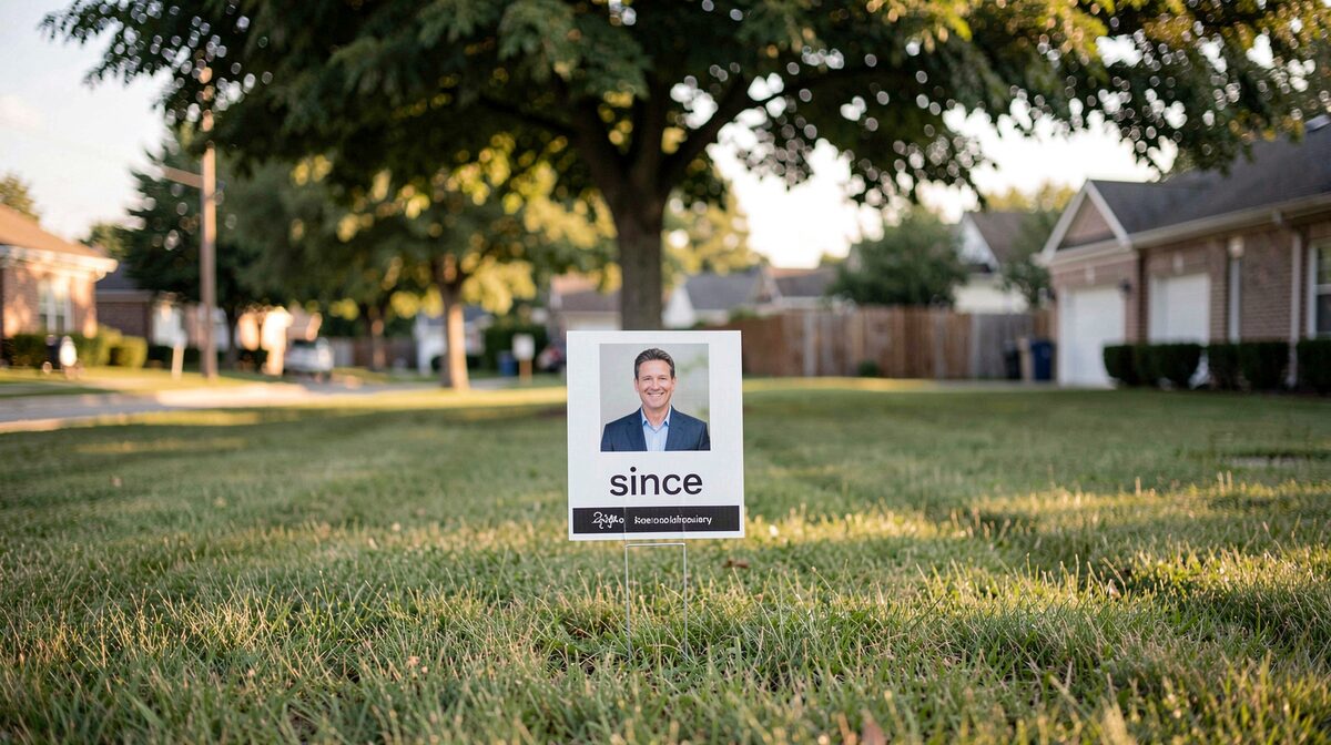A suburban front lawn at late afternoon, a real estate yard sign with portrait and 'since' text photographed straight-on against grass and dappled tree shade.