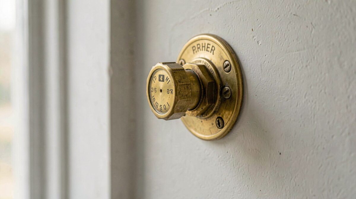 A close-up of a brass boiler pressure dial on a plain wall, natural daylight from a window, shallow depth of field.