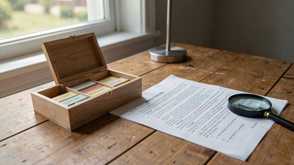 A wooden research desk by a window with soft afternoon light, holding an open reference card box, a printed article with visible footnotes, and a magnifying glass.