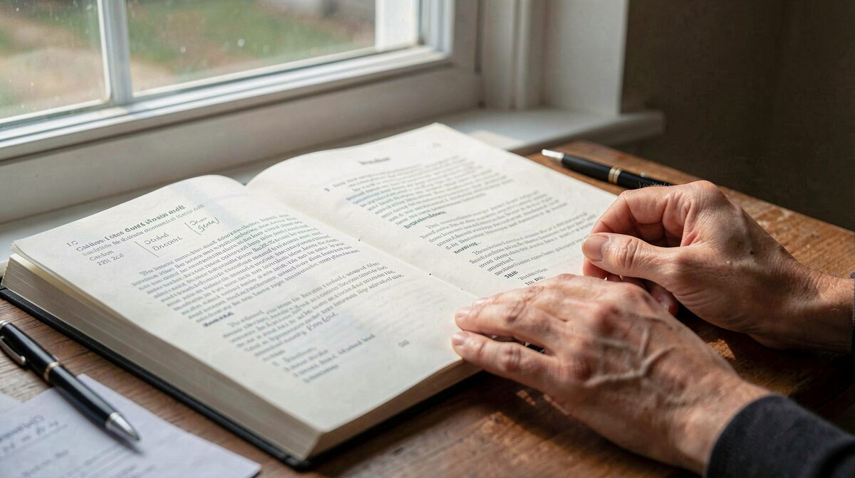 A reading desk by a north-facing window with an open notebook, a printed article, and a citation log, morning light across the page, close framing on the hands and notes.
