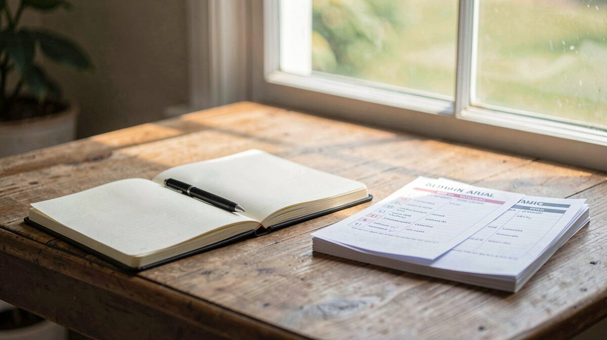 A wooden desk in soft morning light with an open notebook, a pen, and a stack of printed checklists beside a window.