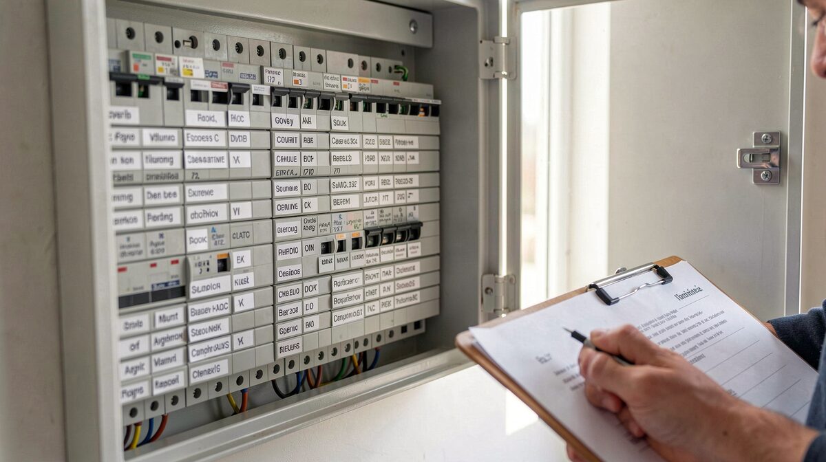 An open domestic distribution board with neatly labelled rows of circuit breakers, photographed in daylight with an inspector's clipboard resting beside it, close framing on the label strips.