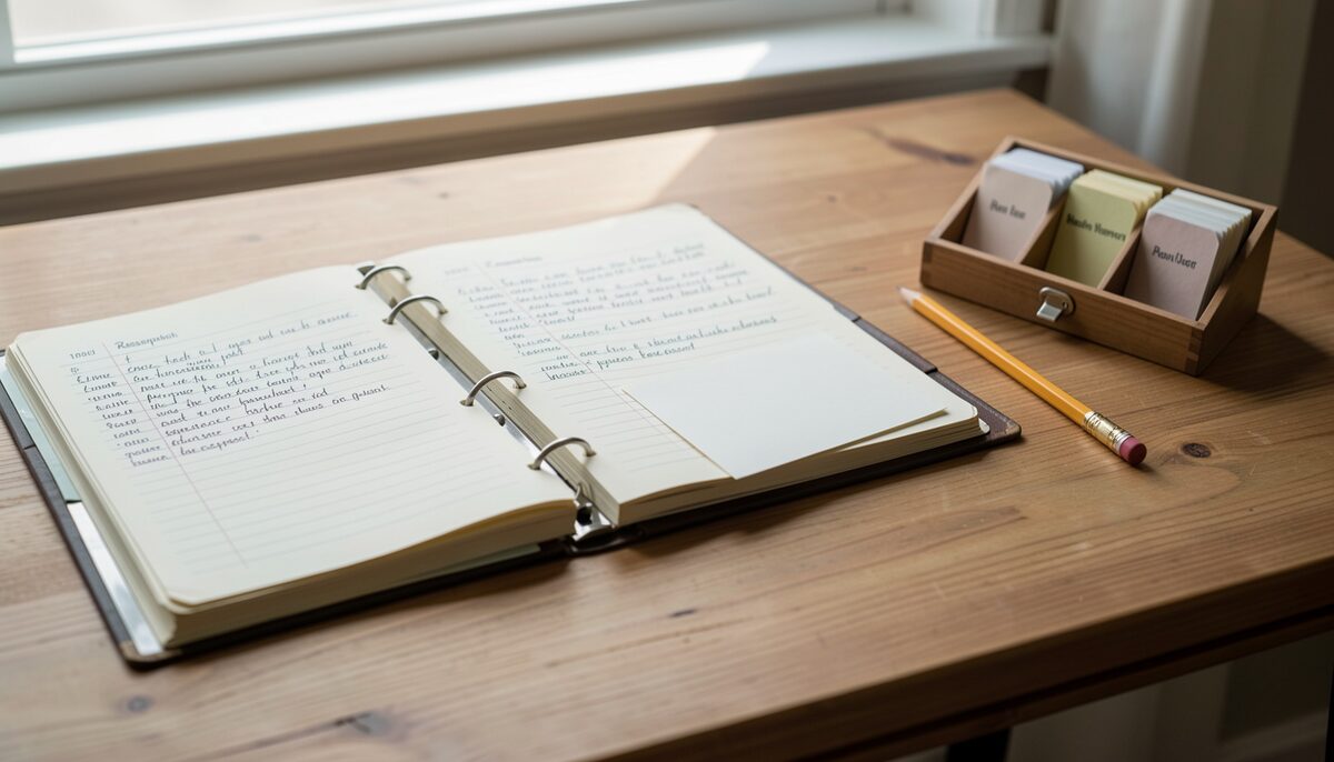 A wooden desk in natural light with an open archival folder, a handwritten research log, a pencil, and a small card index box, with a blank note card placed on top as if waiting to be written.
